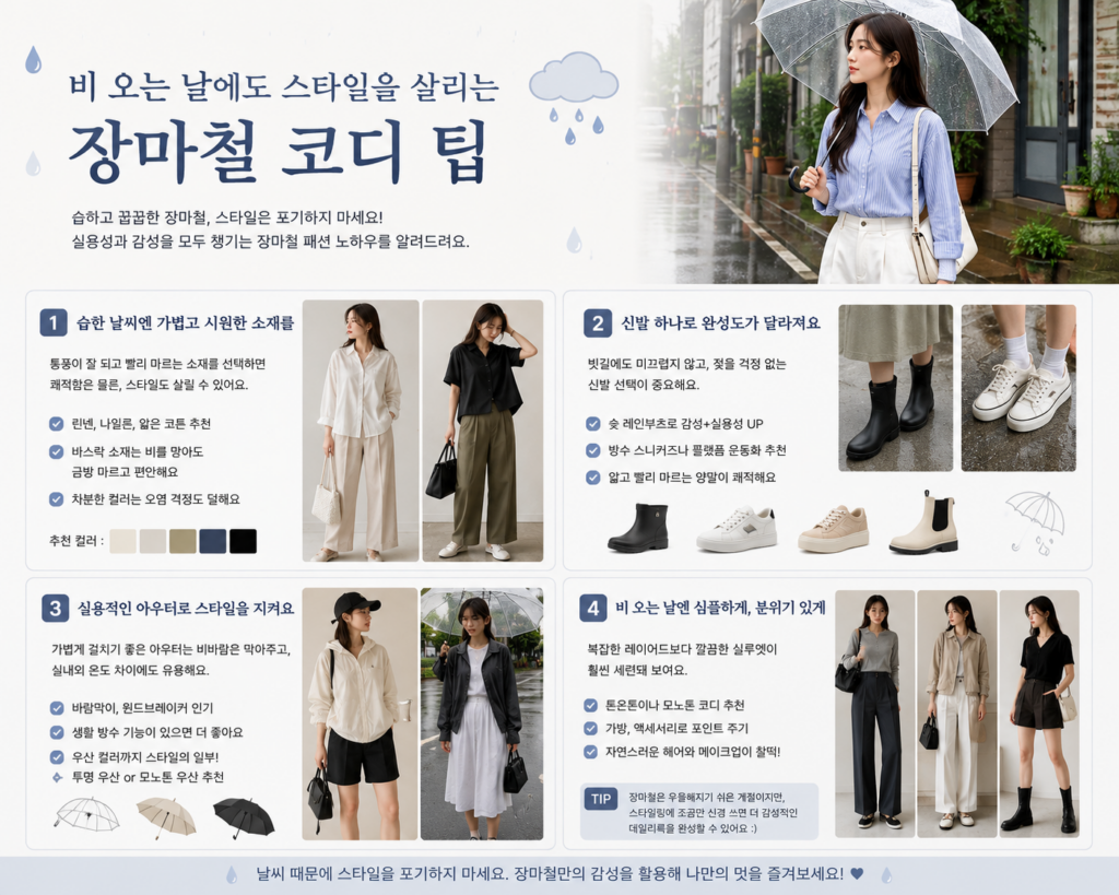 장마철에도 포기 못 하는 패션, 비 오는 날 더 예쁜 코디 비법