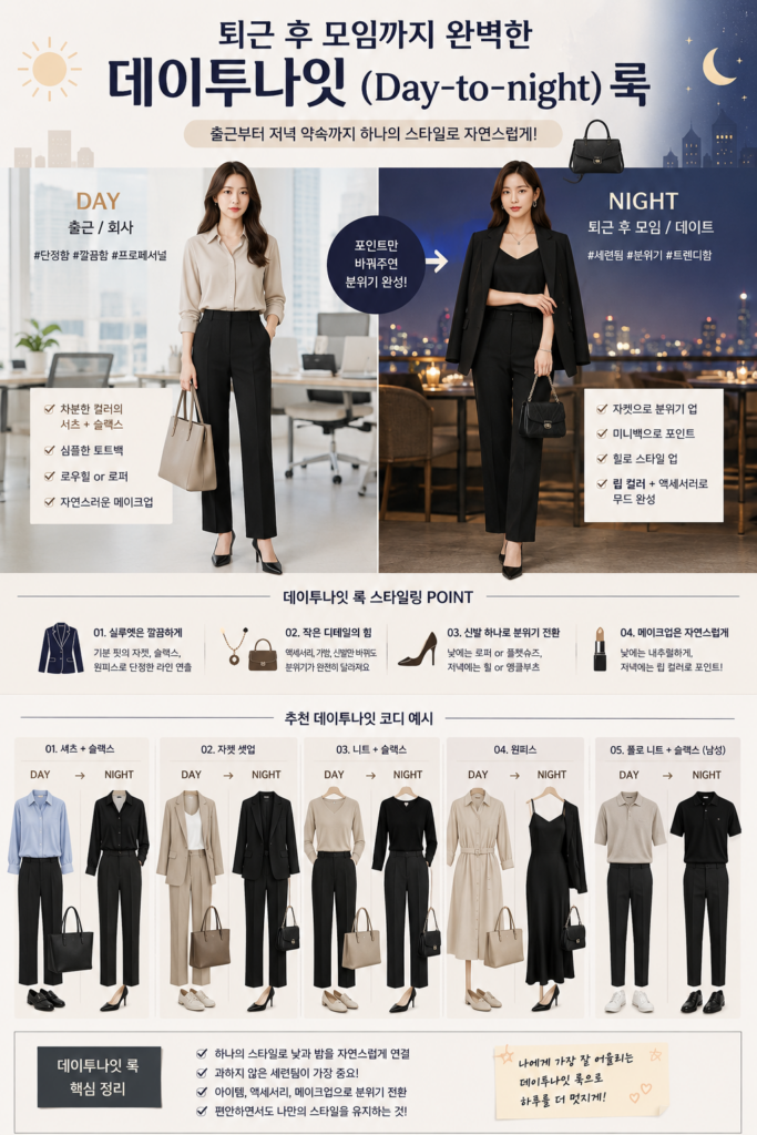출근부터 저녁 약속까지 끝낸다! 요즘 가장 실용적인 데이투나잇 룩 코디