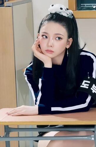 카리나 교실 콘셉트 패션, 블루 트랙톱과 포니테일이 만든 강렬한 분위기의 비밀